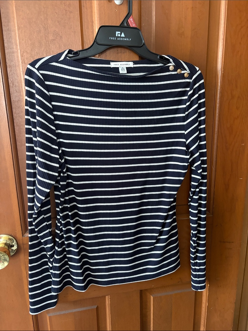 Free Assembly Navy & White Striped Long-Sleeve Boatneck Top with Gold Buttons